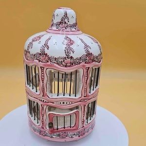Vintage French Faience pink porcelain hinged birdcage, Valentine, bird, spring